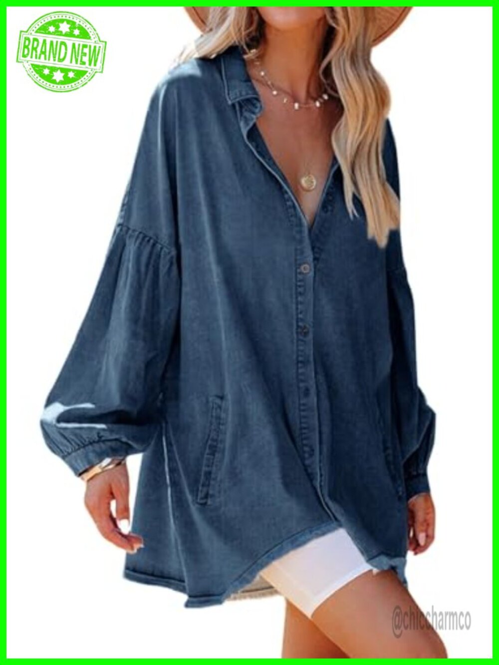 Oversized Distressed Denim Button Down Tunic Mini Dress with Pockets
